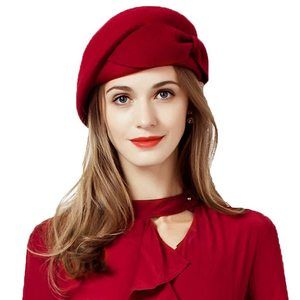 Red Wedding Beret Hat For Women Wool Felt Pillbox Hats Fascinator Tea Party😒